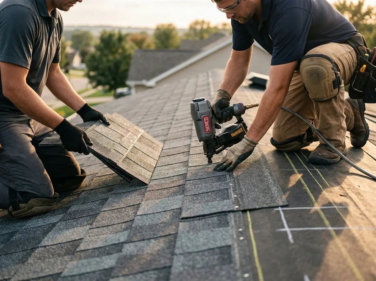 Professional roofer working on a residential roof in Shasta Lake